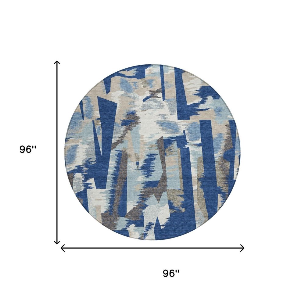 8' Blue And Beige Round Abstract Washable Indoor Outdoor Area Rug — view 14