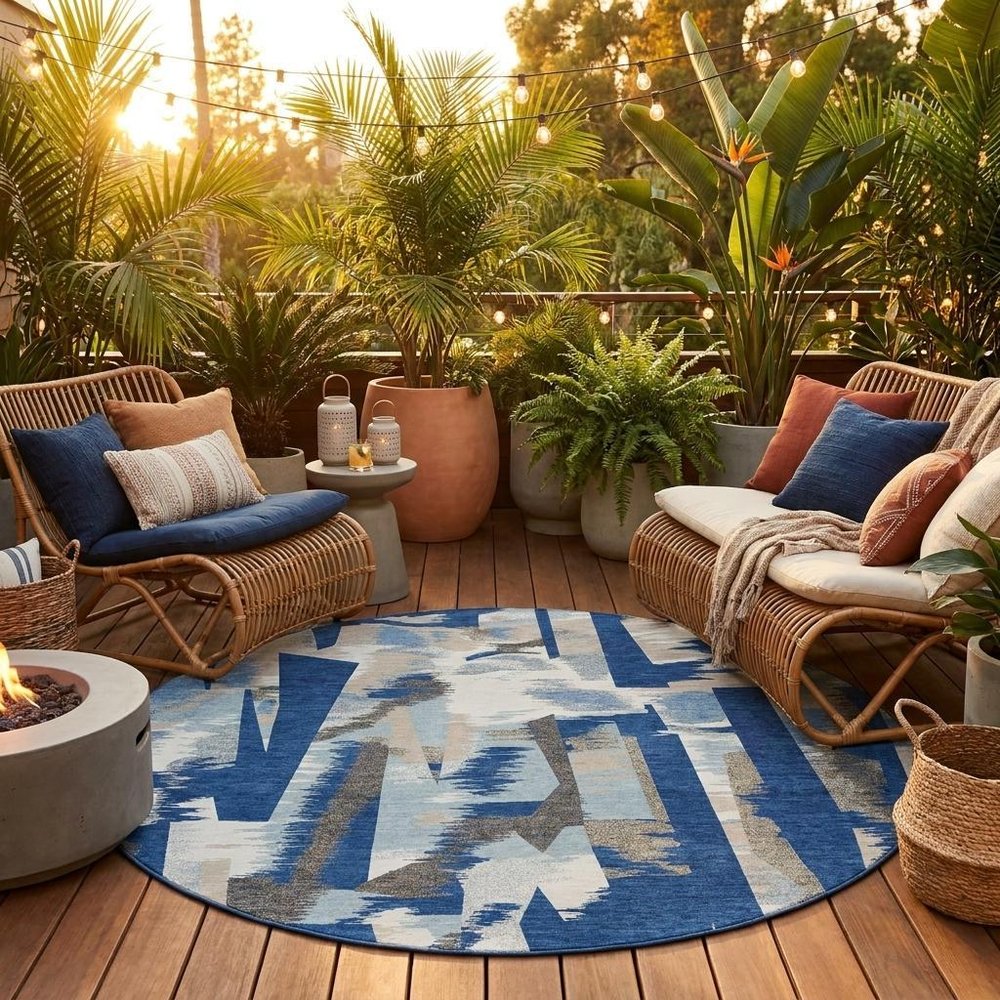 8' Blue And Beige Round Abstract Washable Indoor Outdoor Area Rug — view 15