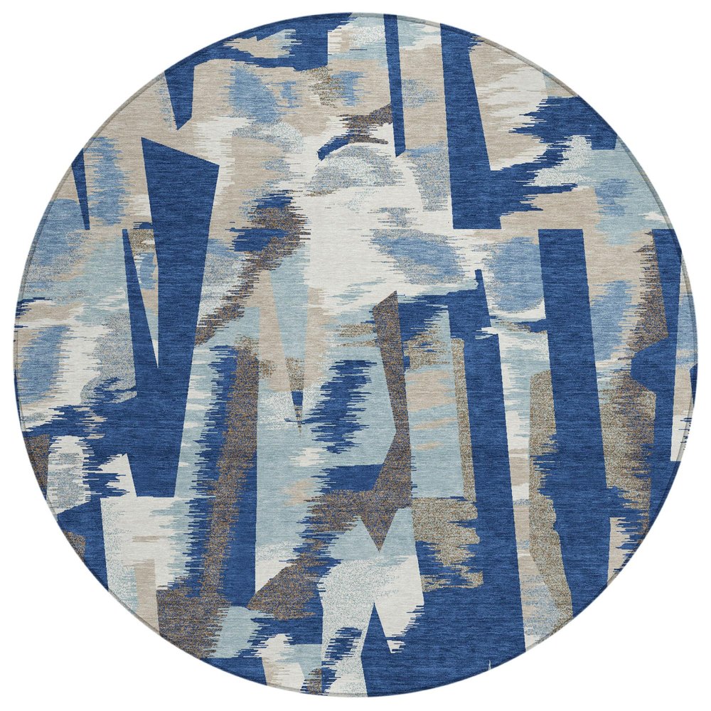 8' Blue And Beige Round Abstract Washable Indoor Outdoor Area Rug HomeRoots
