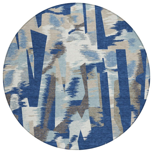 8' Blue And Beige Round Abstract Washable Indoor Outdoor Area Rug
