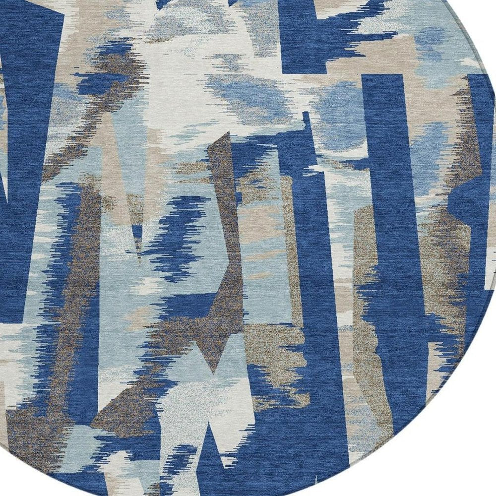 8' Blue And Beige Round Abstract Washable Indoor Outdoor Area Rug HomeRoots