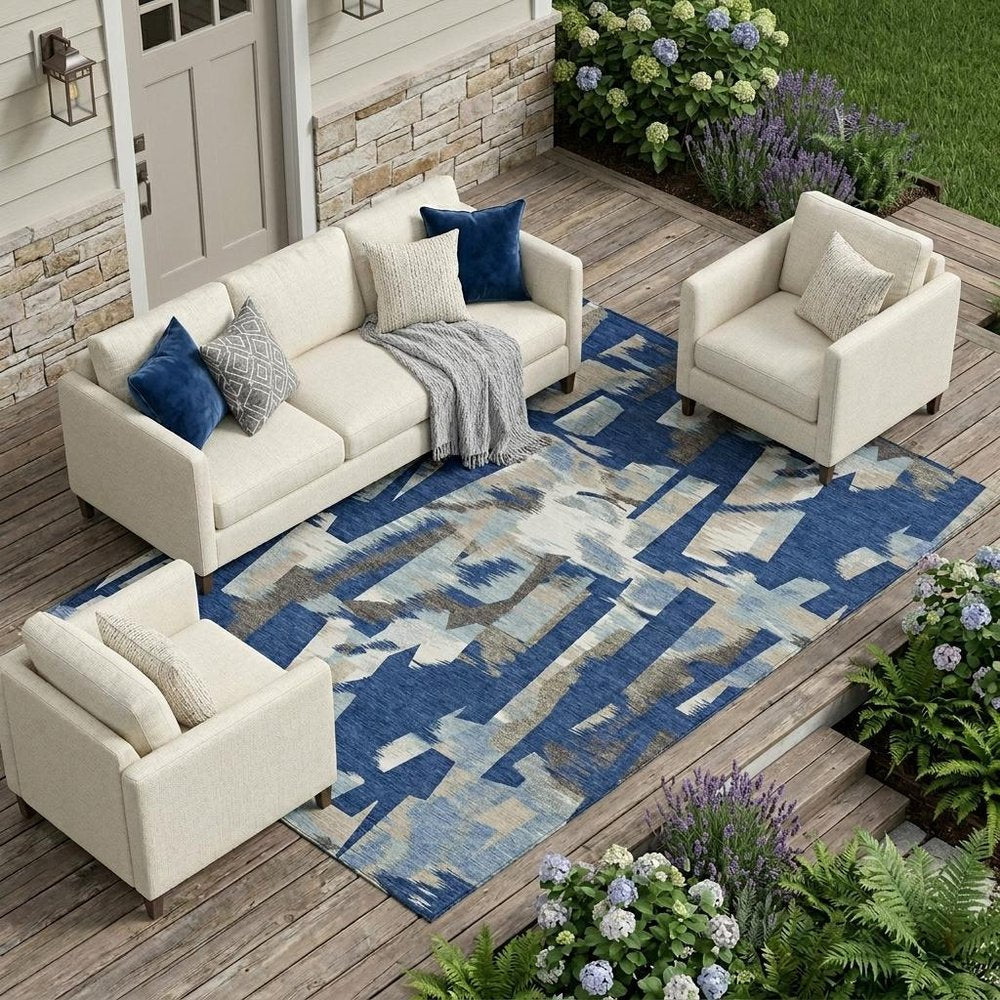 8' X 10' Blue And Beige Abstract Washable Indoor Outdoor Area Rug