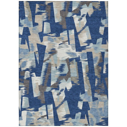 8' X 10' Blue And Beige Abstract Washable Indoor Outdoor Area Rug