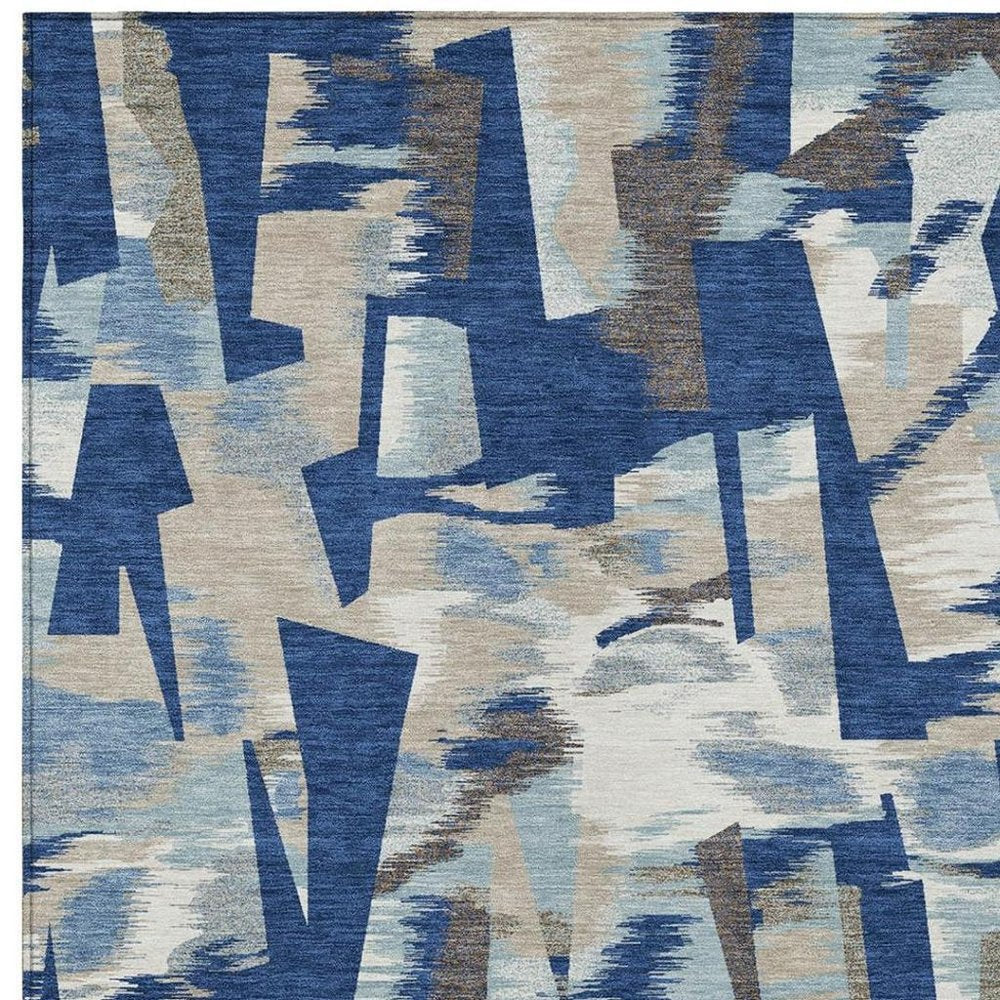 9' X 12' Blue And Beige Abstract Washable Indoor Outdoor Area Rug — view 4