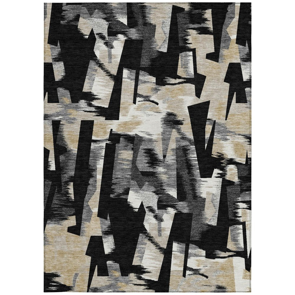 5' X 8' Black And Graphite Abstract Washable Indoor Outdoor Area Rug