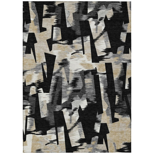 5' X 8' Black And Graphite Abstract Washable Indoor Outdoor Area Rug