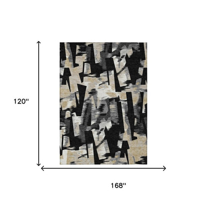 10' X 14' Black And Graphite Abstract Washable Indoor Outdoor Area Rug