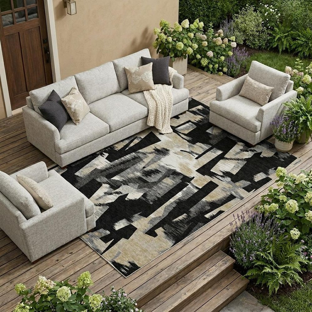 10' X 14' Black And Graphite Abstract Washable Indoor Outdoor Area Rug — view 6