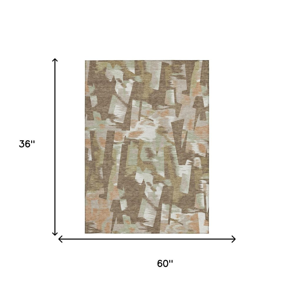 3' X 5' Brown And Beige Abstract Washable Indoor Outdoor Area Rug — view 11