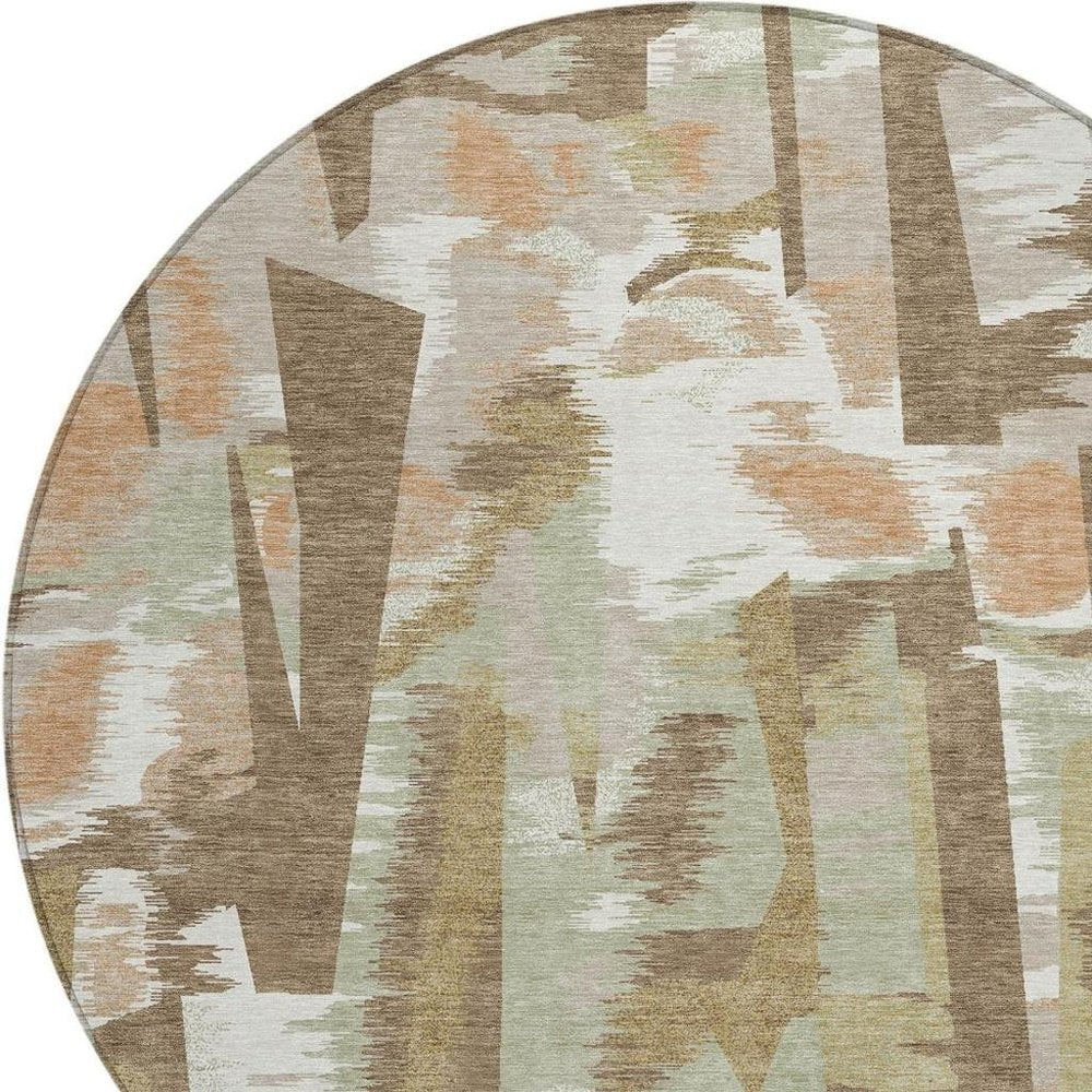 8' Brown And Beige Round Abstract Washable Indoor Outdoor Area Rug