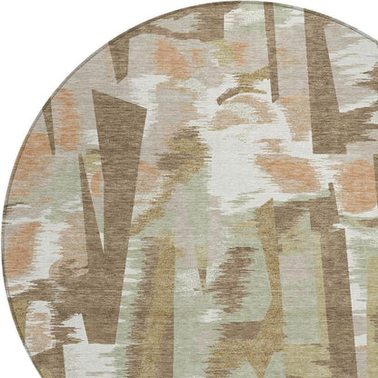 8' Brown And Beige Round Abstract Washable Indoor Outdoor Area Rug