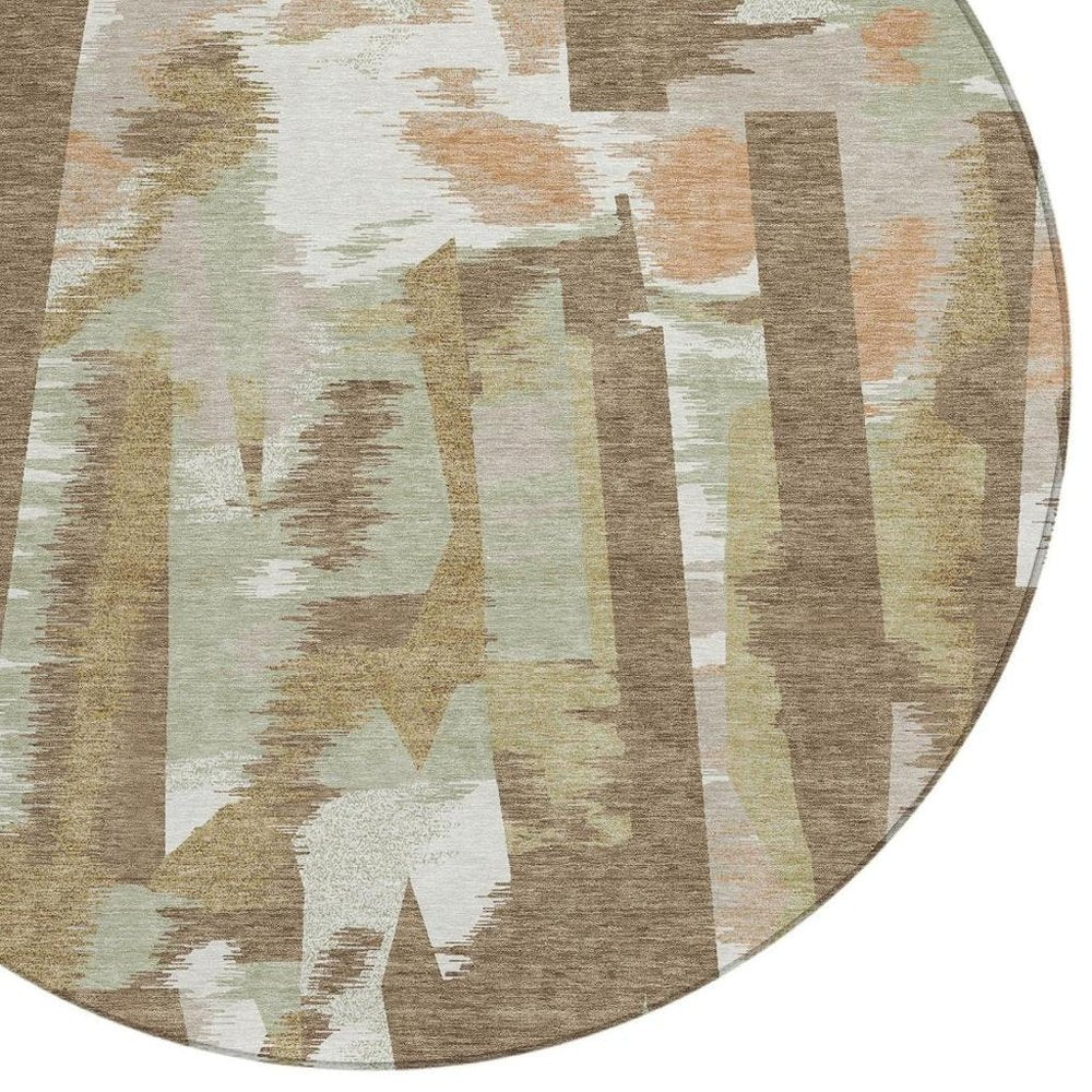 8' Brown And Beige Round Abstract Washable Indoor Outdoor Area Rug — view 7