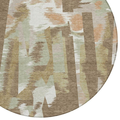 8' Brown And Beige Round Abstract Washable Indoor Outdoor Area Rug