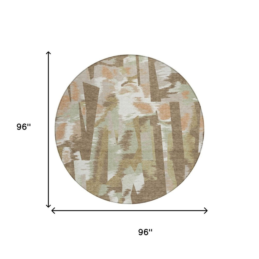 8' Brown And Beige Round Abstract Washable Indoor Outdoor Area Rug