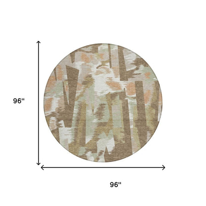 8' Brown And Beige Round Abstract Washable Indoor Outdoor Area Rug