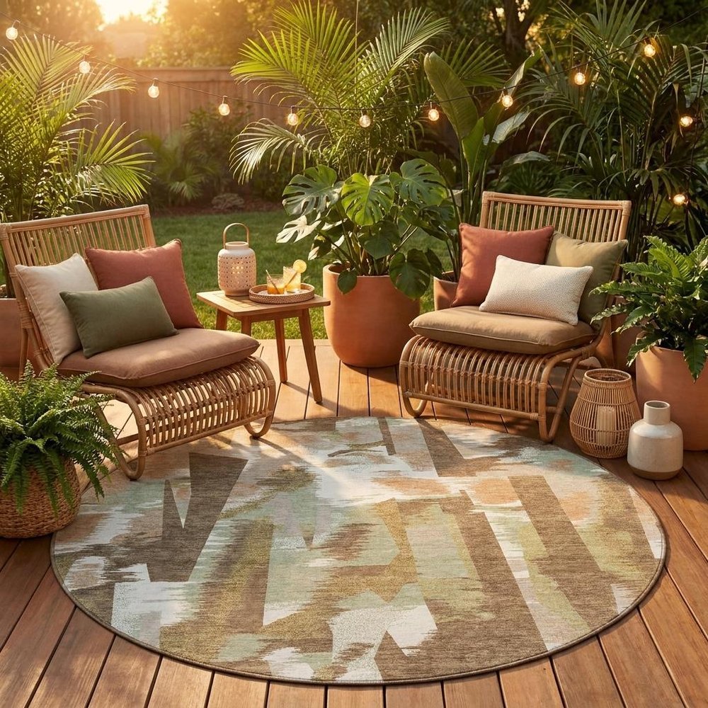 8' Brown And Beige Round Abstract Washable Indoor Outdoor Area Rug — view 11