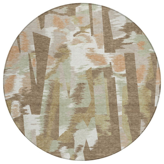 8' Brown And Beige Round Abstract Washable Indoor Outdoor Area Rug