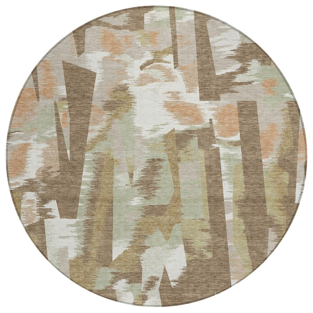 8' Brown And Beige Round Abstract Washable Indoor Outdoor Area Rug — view 1