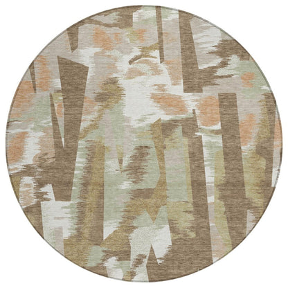 8' Brown And Beige Round Abstract Washable Indoor Outdoor Area Rug