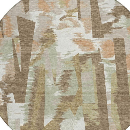 8' Brown And Beige Round Abstract Washable Indoor Outdoor Area Rug