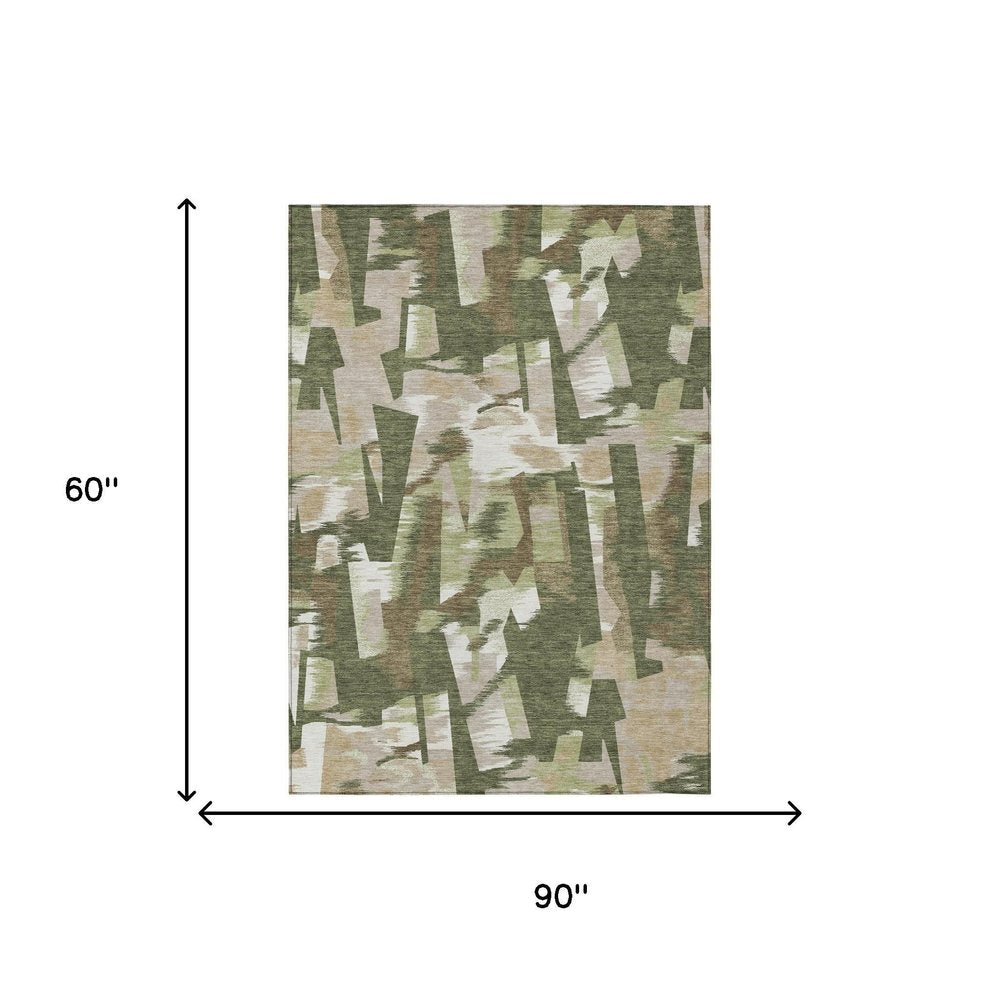 5' X 8' Olive Green And Green Abstract Washable Indoor Outdoor Area Rug — view 14