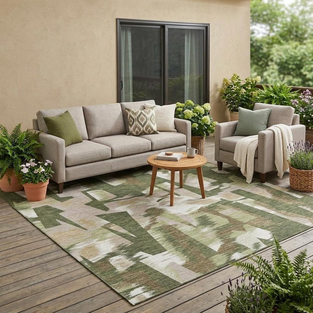 5' X 8' Olive Green And Green Abstract Washable Indoor Outdoor Area Rug HomeRoots
