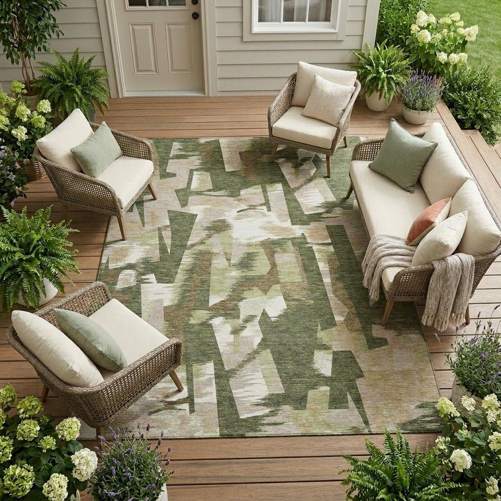 9' X 12' Olive Green And Green Abstract Washable Indoor Outdoor Area Rug HomeRoots