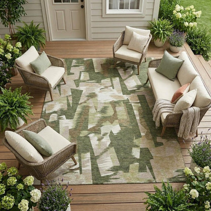 9' X 12' Olive Green And Green Abstract Washable Indoor Outdoor Area Rug HomeRoots