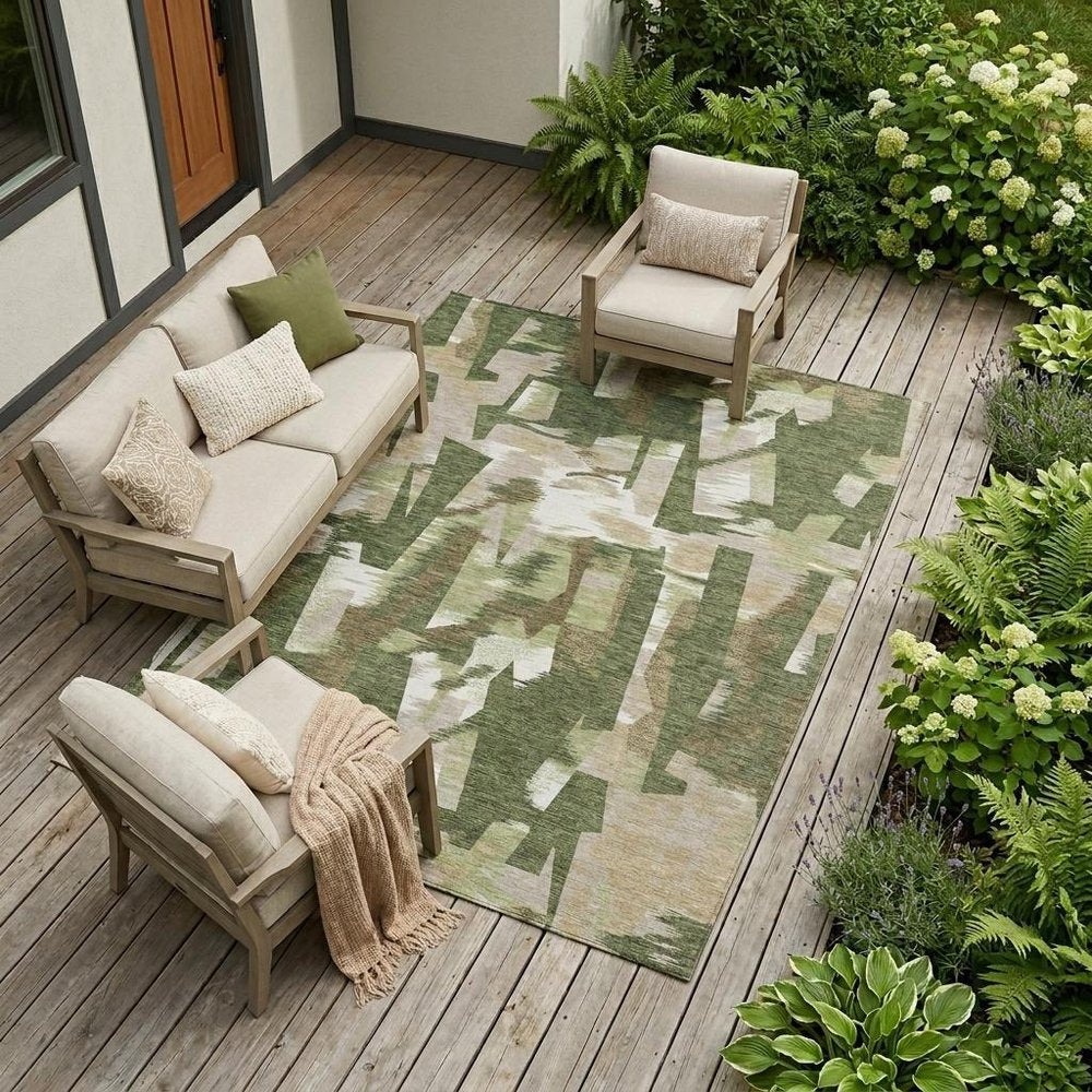 10' X 14' Olive Green And Green Abstract Washable Indoor Outdoor Area Rug