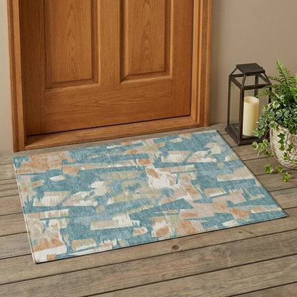 3' X 5' Teal Blue And Beige Abstract Washable Indoor Outdoor Area Rug HomeRoots