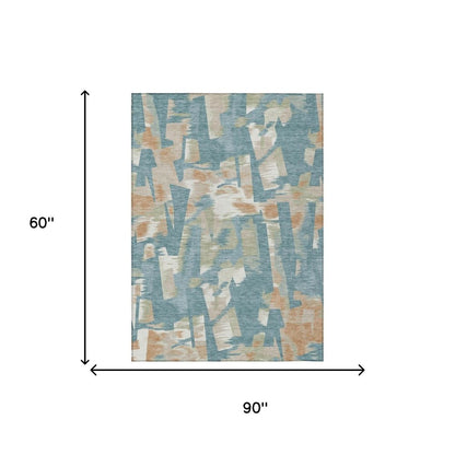 5' X 8' Teal Blue And Beige Abstract Washable Indoor Outdoor Area Rug HomeRoots