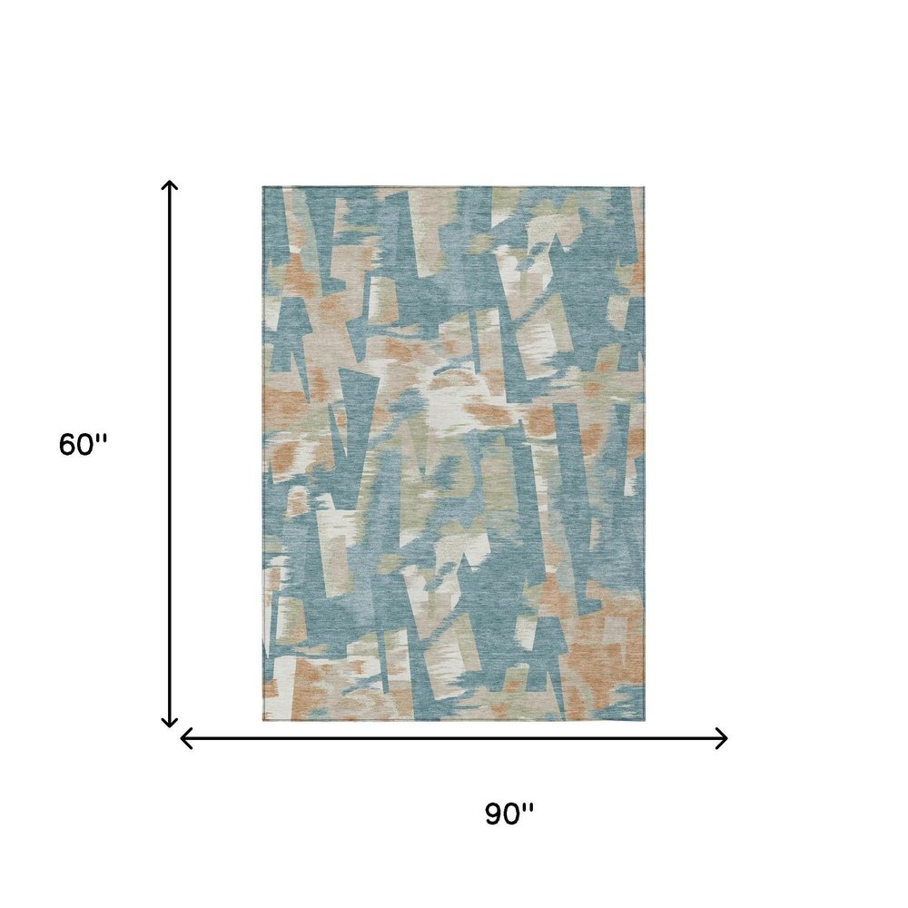 5' X 8' Teal Blue And Beige Abstract Washable Indoor Outdoor Area Rug — view 13