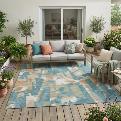 5' X 8' Teal Blue And Beige Abstract Washable Indoor Outdoor Area Rug