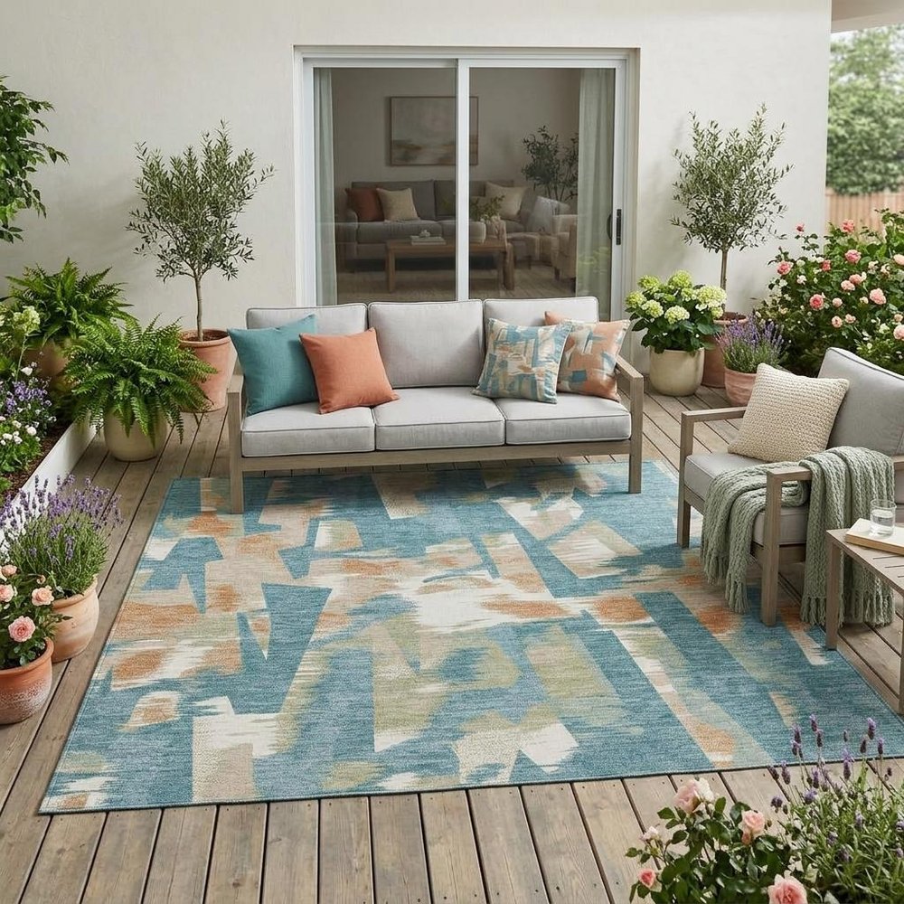 5' X 8' Teal Blue And Beige Abstract Washable Indoor Outdoor Area Rug HomeRoots