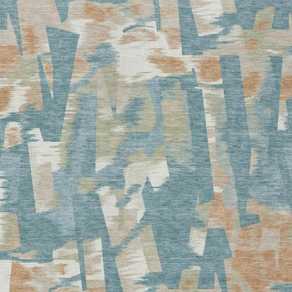 5' X 8' Teal Blue And Beige Abstract Washable Indoor Outdoor Area Rug