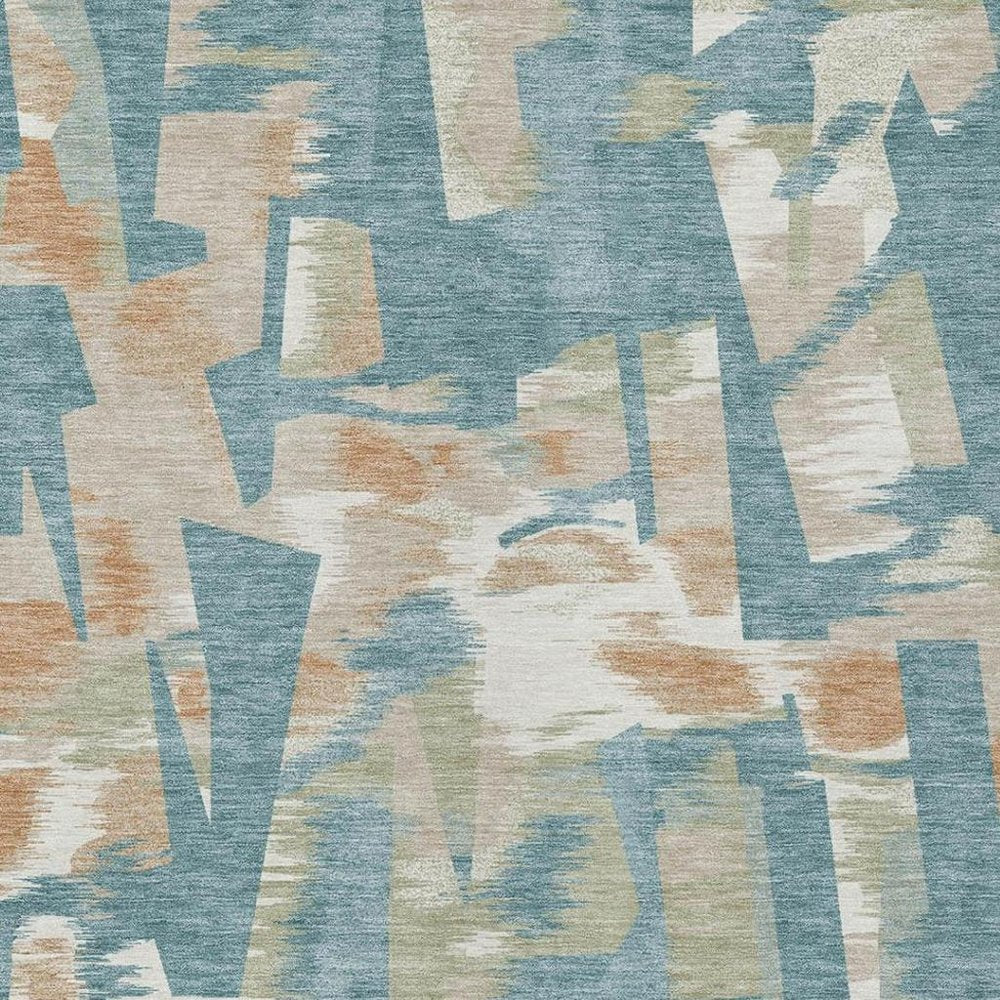 8' X 10' Teal Blue And Beige Abstract Washable Indoor Outdoor Area Rug