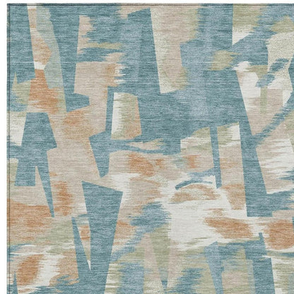 8' X 10' Teal Blue And Beige Abstract Washable Indoor Outdoor Area Rug
