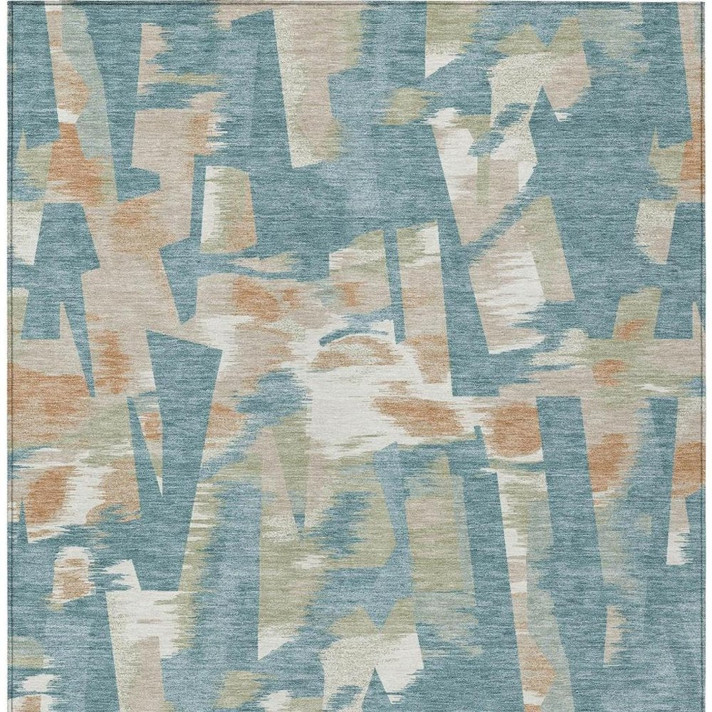 8' X 10' Teal Blue And Beige Abstract Washable Indoor Outdoor Area Rug — view 7