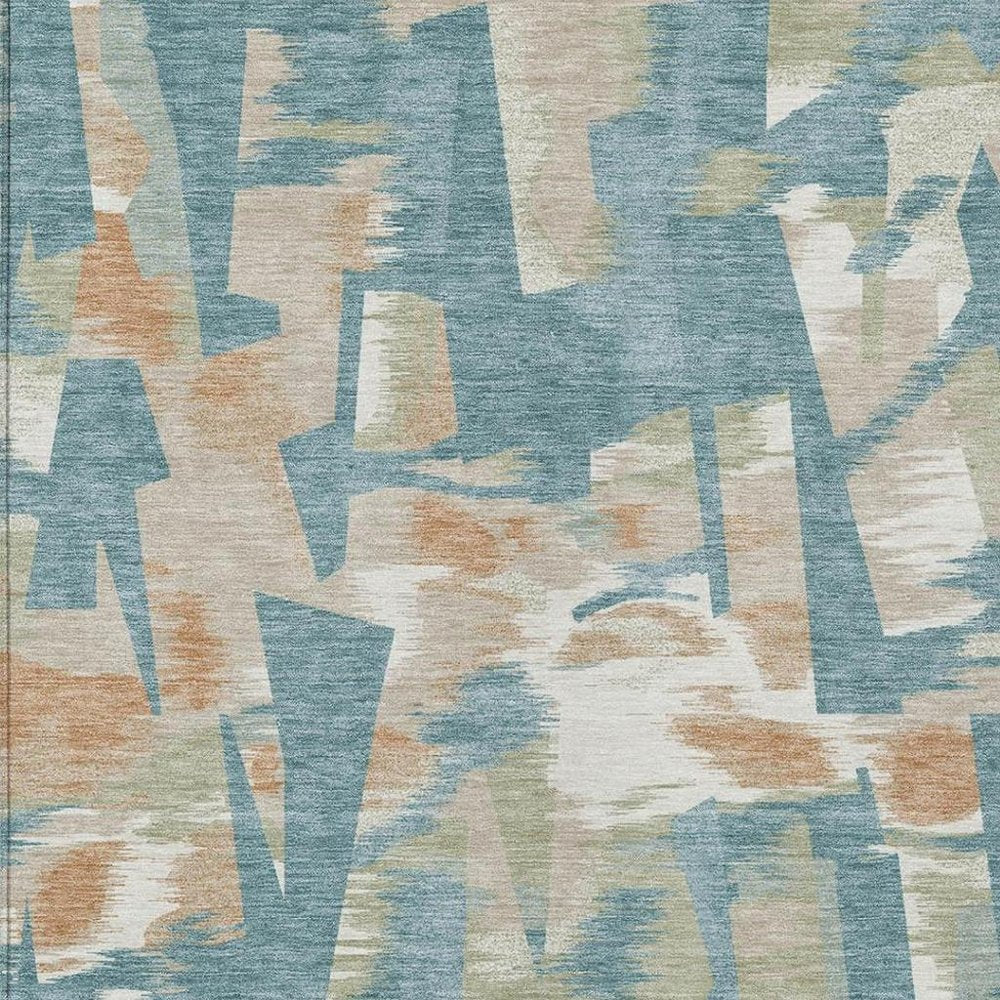 8' X 10' Teal Blue And Beige Abstract Washable Indoor Outdoor Area Rug
