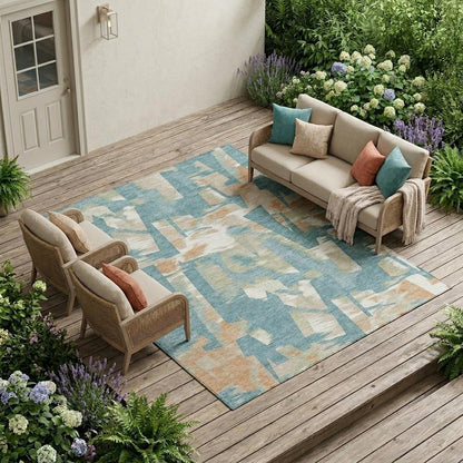 8' X 10' Teal Blue And Beige Abstract Washable Indoor Outdoor Area Rug HomeRoots