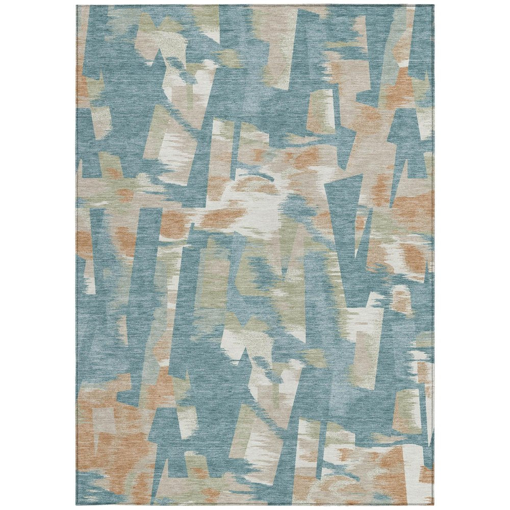 9' X 12' Teal Blue And Beige Abstract Washable Indoor Outdoor Area Rug — view 5