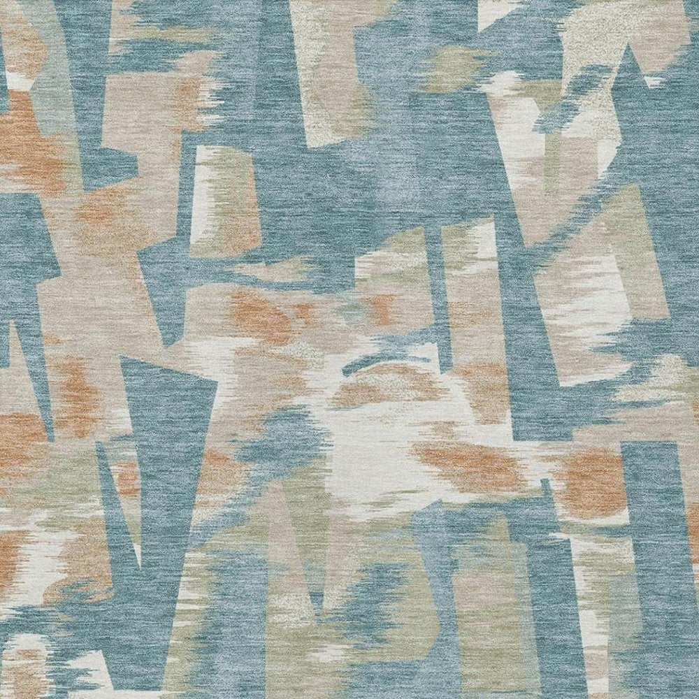 9' X 12' Teal Blue And Beige Abstract Washable Indoor Outdoor Area Rug