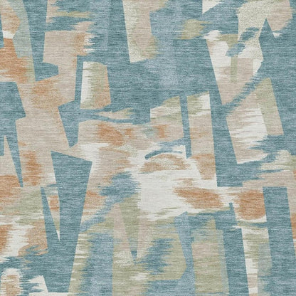 9' X 12' Teal Blue And Beige Abstract Washable Indoor Outdoor Area Rug