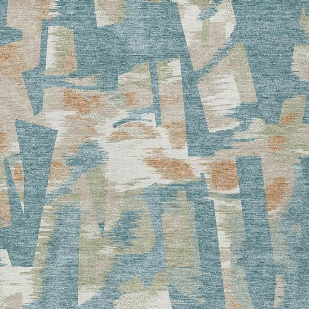 9' X 12' Teal Blue And Beige Abstract Washable Indoor Outdoor Area Rug — view 7
