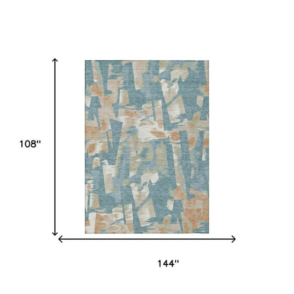 9' X 12' Teal Blue And Beige Abstract Washable Indoor Outdoor Area Rug HomeRoots