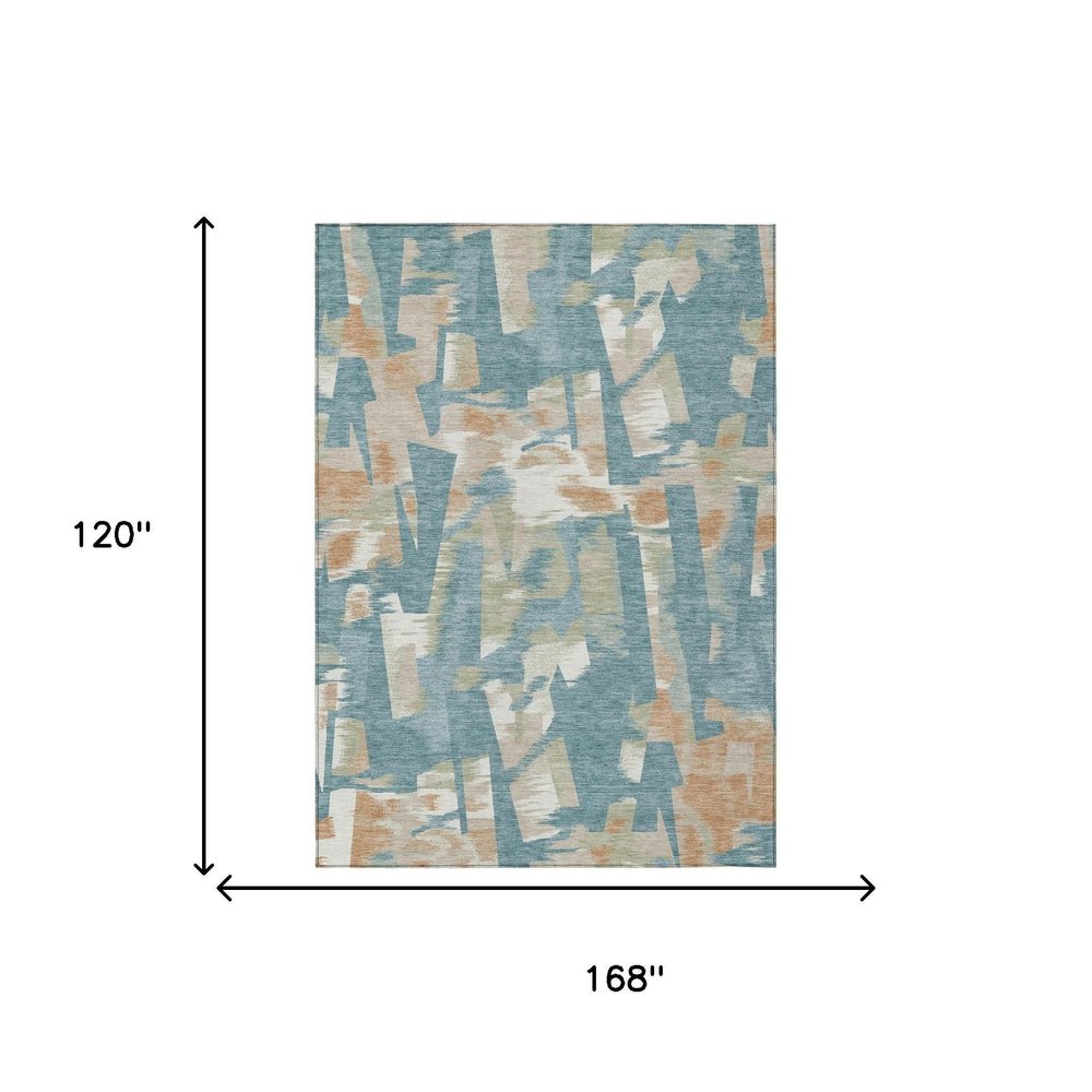 10' X 14' Teal Blue And Beige Abstract Washable Indoor Outdoor Area Rug