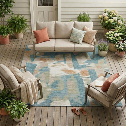 10' X 14' Teal Blue And Beige Abstract Washable Indoor Outdoor Area Rug HomeRoots