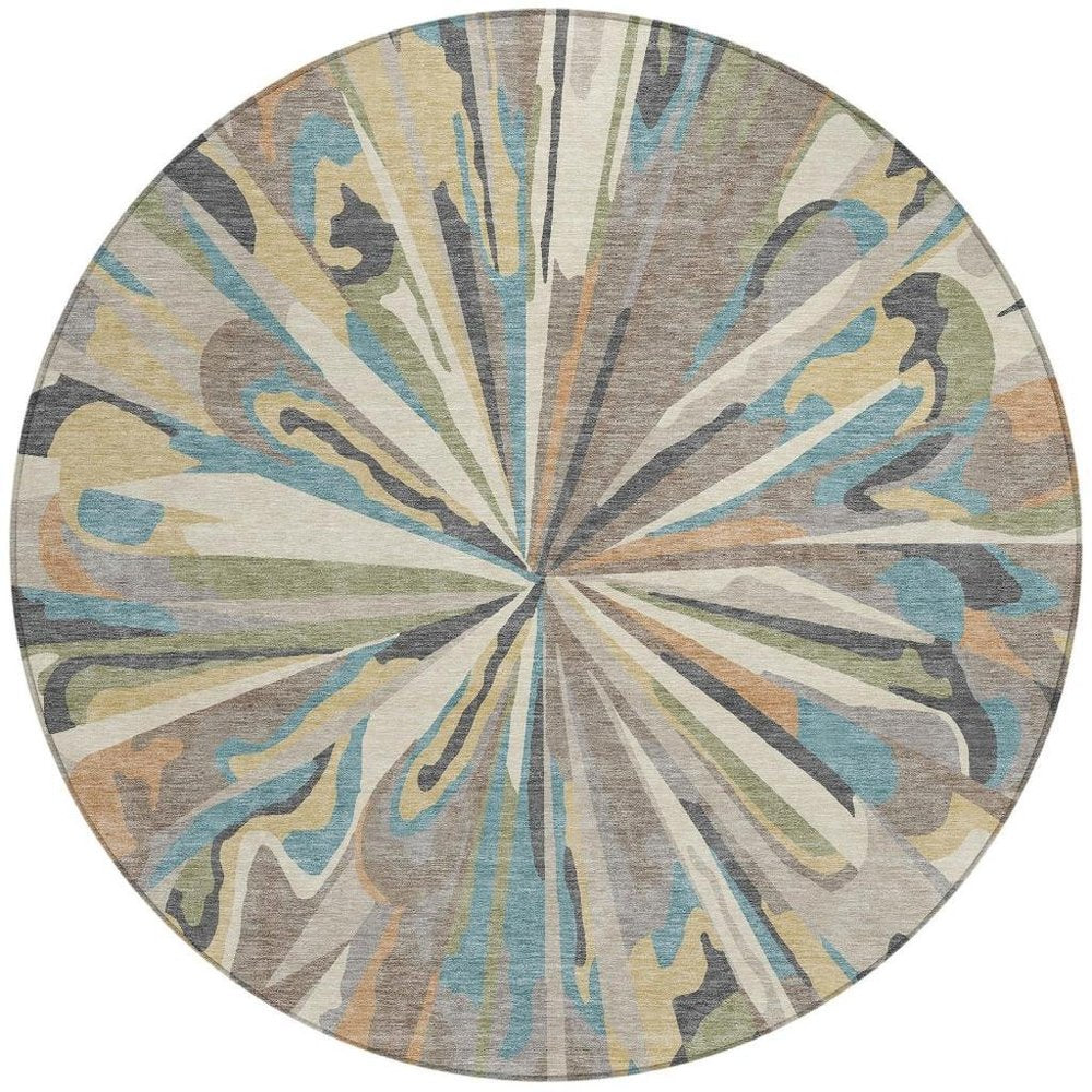8' Beige And Brown Round Abstract Washable Indoor Outdoor Area Rug