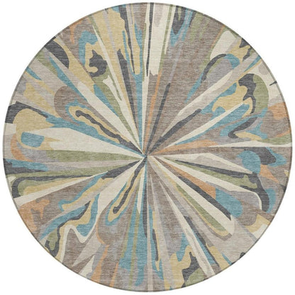 8' Beige And Brown Round Abstract Washable Indoor Outdoor Area Rug