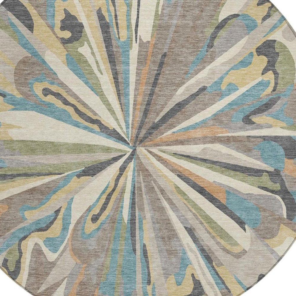 8' Beige And Brown Round Abstract Washable Indoor Outdoor Area Rug — view 6